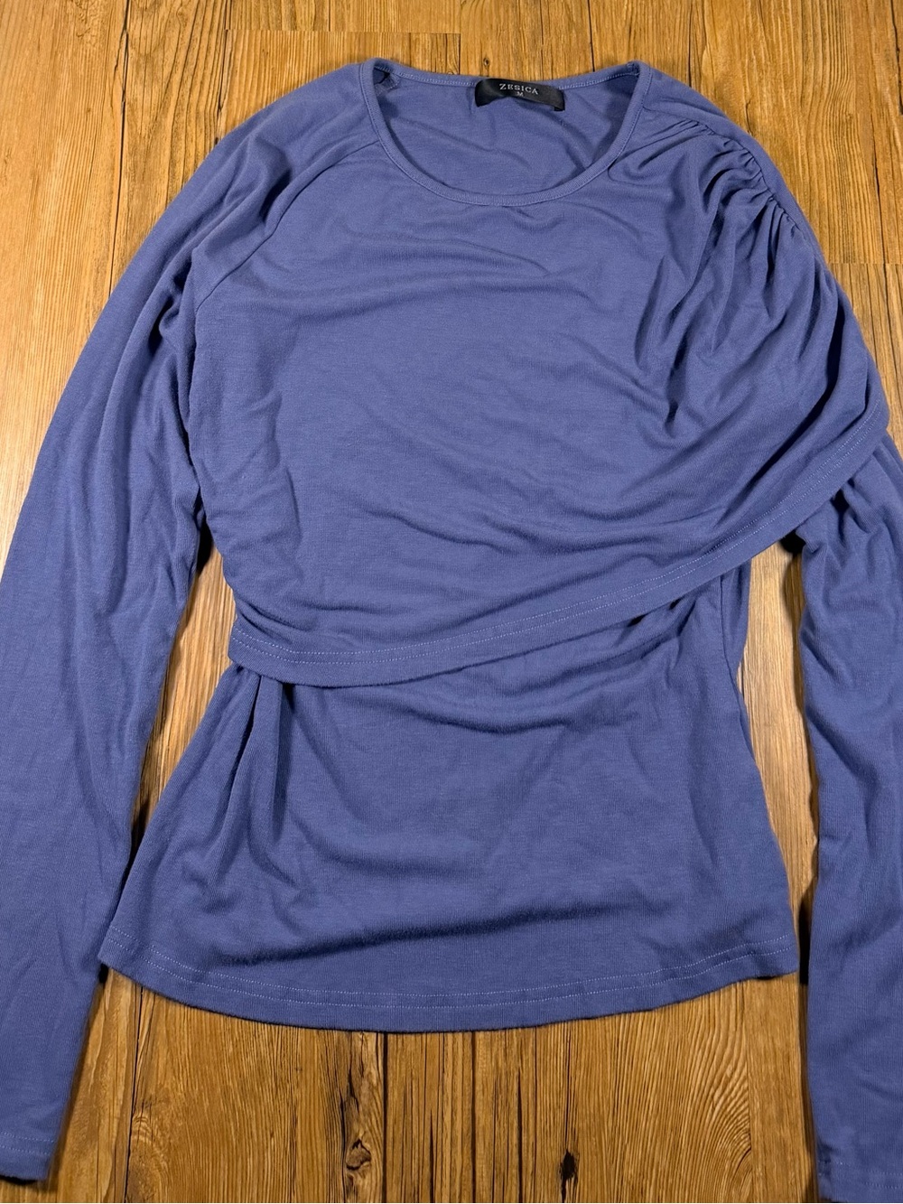 ZESICA Top Womens M Blue Layered Asymmetrical Ruched Long Sleeve Stretch Y2K